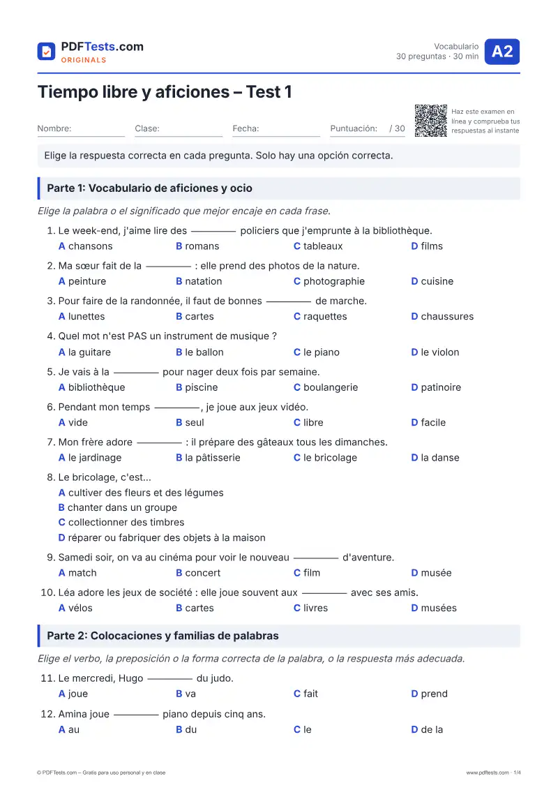 Tiempo libre y aficiones – Test 1 (A2) – en PDF con soluciones y online ...