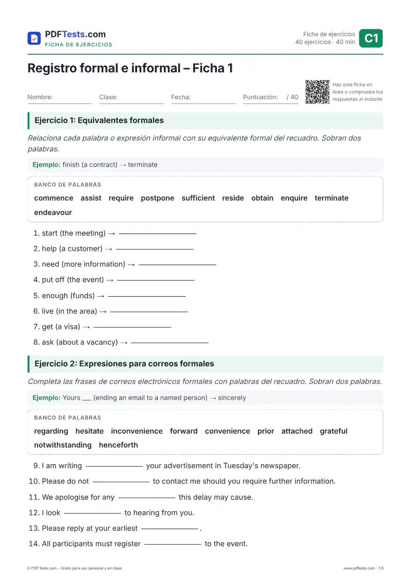 Registro formal e informal: ejercicios (C1) – Ficha 1 en PDF con ...